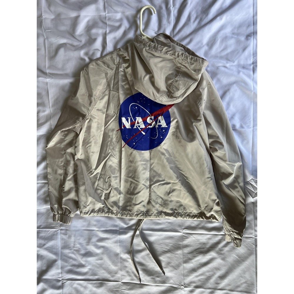 NASA Jacket Womens M Beige Hooded Windbreaker Snap Button Logo H&M Divided EUC - Picture 7 of 11